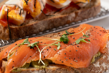 Smoked Salmon and Avocado Mash Sourdough Toast with Soft-Boiled Egg, and Mentaiko Sourdough Toast
