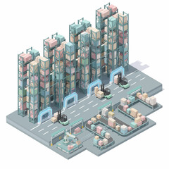 Cold-Storage Warehouse with High Racking System Isometric 3D UI