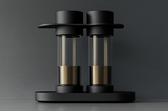 Modern black water deionization device with two glass tubes made of metal and plastic material with simple design against dark gray background