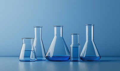 Five different glass beakers of various sizes and shapes with blue liquid inside each on isolated light blue background with sharp focus