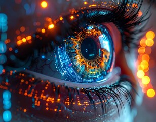 Close-up of a human eye filled with intricate digital circuitry and glowing particles in blue and orange hues
