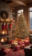 Cozy Rustic Living Room Decorated for Christmas with Fireplace and Tree &ndash; 4K Holiday Interior