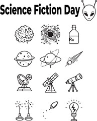 Fototapeta premium Science Fiction Day icon grid with alien face and symbols of space, innovation, medicine, and futuristic technology