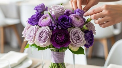 Close-up shot of hands arranging a beautiful bouquet of purple roses and ranunculus flowers on a table