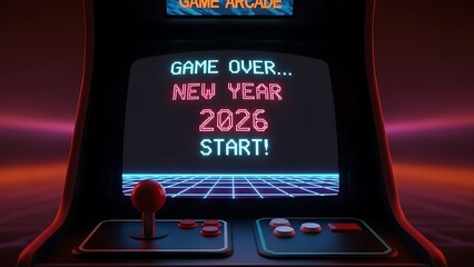 Retro arcade game beckons players to start a new game in 2026 for futuristic fun