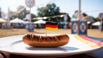 Grilled German Bratwurst Sausage with Flag on a Plate. - Powered by Adobe