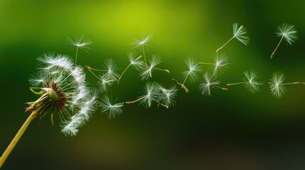 trusteeship. Dandelion seeds drifting in gentle breeze against soft green background. gardening catalogs, home-decor guides, designed for home decor and floral branding, promotes healthy living.