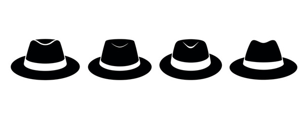 Four black fedora hats are lined up in a row against a white background.