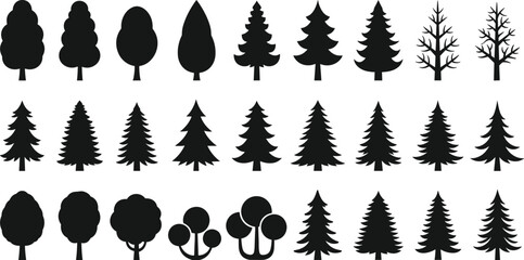 Assorted Black Tree Silhouettes in Rows on White Background trees