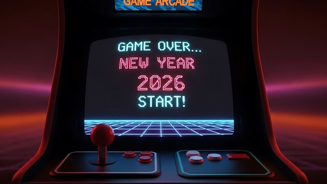 Retro arcade game beckons players to start a new game in 2026 for futuristic fun