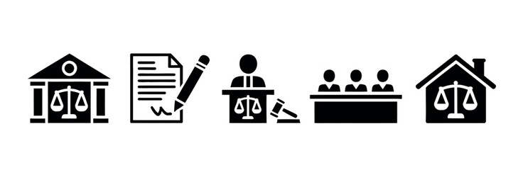 Icons representing legal concepts, justice, and court proceedings are displayed.