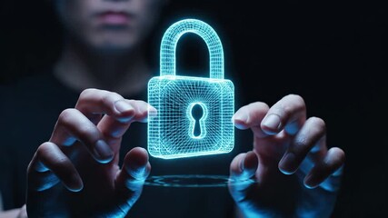 Digital holographic padlock with wireframe structure held between hands. Cybersecurity and data protection concept for internet safety, encryption technology and network defense. Modern security - Powered by Adobe