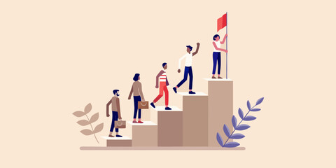 Diverse team climbing stairs to success with flag on top