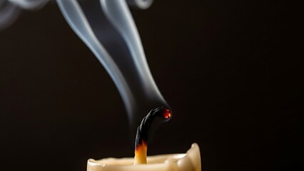 Eerie smoke delicately rises from a freshly extinguished candle against a stark black backdrop