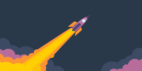 Cartoon rocket launching into space with clouds and dark background