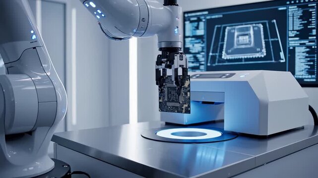 Robotic arm holding circuit board over illuminated platform in automated manufacturing facility. Industrial robot performing precision electronics assembly with digital monitoring display for advanced