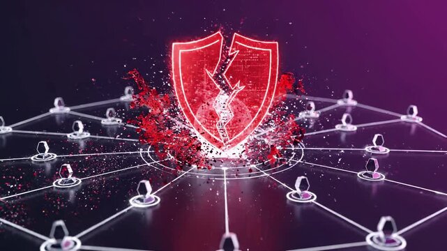 Cracked shield fragmenting over interconnected network with user nodes. Digital security breach visualization representing cybersecurity vulnerability, compromised protection and attack through broken