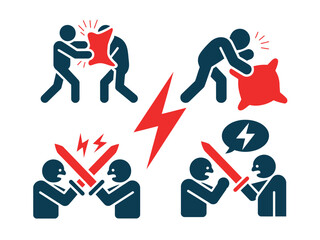 Iconic depictions of conflict and disagreement, illustrating different forms of struggle.