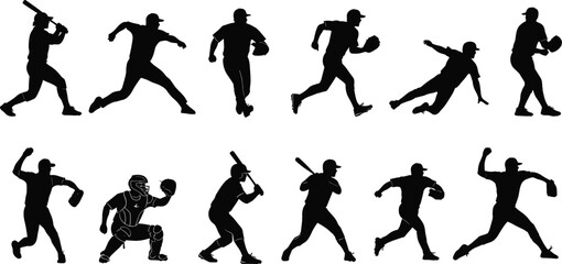 Black Silhouettes of Baseball Players in Action Poses on White Background sport