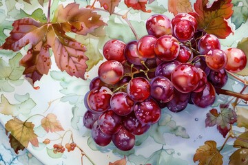 Naklejka premium Watercolor painting featuring a cluster of juicy red grapes adorned with water droplets, placed on a decorative plate with vine leaves