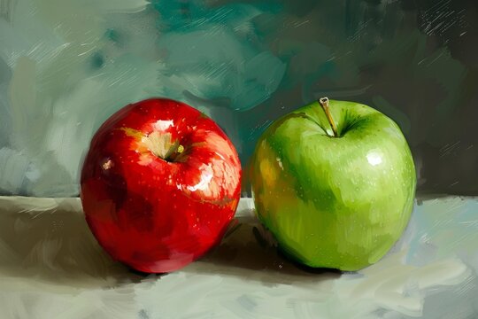 Two apples, one red and one green, sit on a table in a still life painting, showcasing contrasting colors and textures