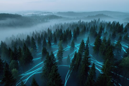 foggy forest landscape illuminated by abstract blue light beams representing data flow and fusion of organic life with digital technology atmosphere
