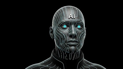 Futuristic digital representation of a human head with glowing eyes and the letters 'AI' on its forehead, symbolizing artificial intelligence and advanced technology
