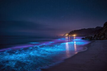 Fototapeta premium bright glowing shoreline at night with blue and violet luminescent plankton waves rolling gently along a tropical coast illuminated by city lights concept of marine beauty and tranquility
