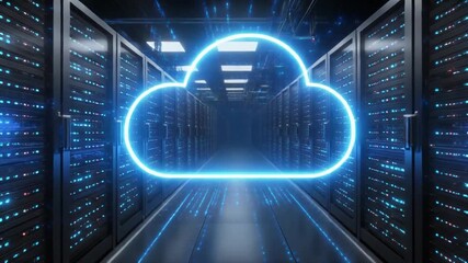 Data center server room with glowing cloud symbol in digital network - Powered by Adobe