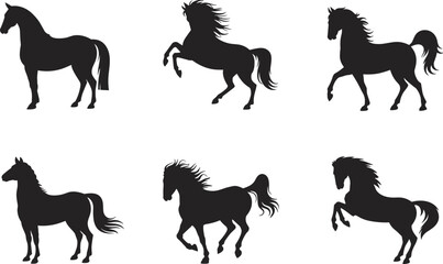 Black Silhouettes of Six Horses in Different Poses on White Background animal equine