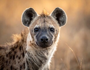 Close-up of a hyena with mottled fur, gazing directly at the viewer with curiosity in golden hour lighting