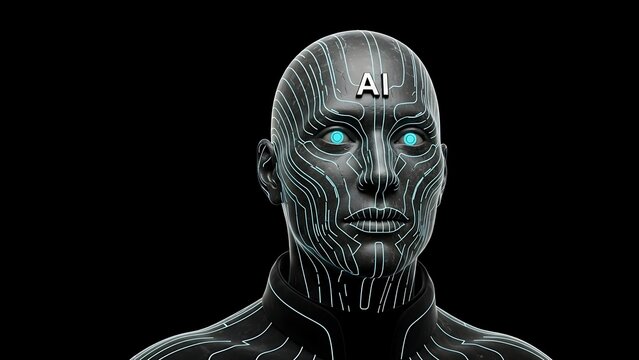Futuristic digital representation of a human head with glowing eyes and the letters 'AI' on its forehead, symbolizing artificial intelligence and advanced technology