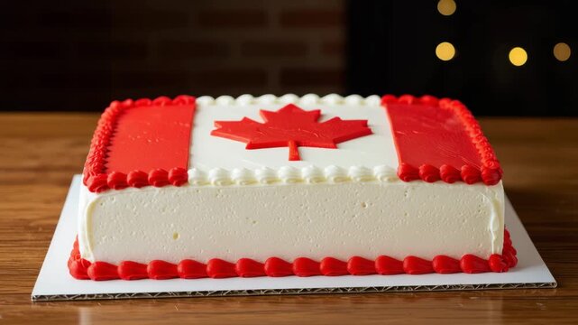 Delicious Canadian flag cake with a striking red maple leaf and white icing on a wooden table for Canada Day celebration concept and national pride