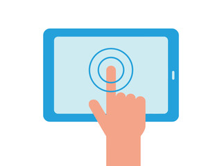 A human hand touches a tablet screen, initiating a digital interaction.