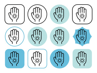A collection of icons depicting a hand with a sun symbol inside.