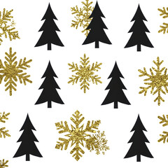 Obraz premium Seamless repeating geometric pattern of matte black fir trees and metallic gold foil snowflakes on a stark white background, creating a sophisticated luxury festive texture. Concept for high-end