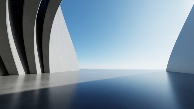 Abstract curved architecture background, Empty exterior space with concrete floor, Futuristic modern building for car presentation backdrop, 3d rendering