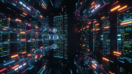 Glowing data lines moving rapidly through abstract server racks representing a high-speed digital network concept and secure information flow - Powered by Adobe