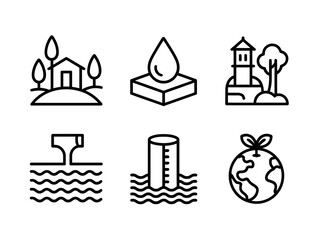 Collection of icons depicting environmental concepts like land, water, and sustainability.