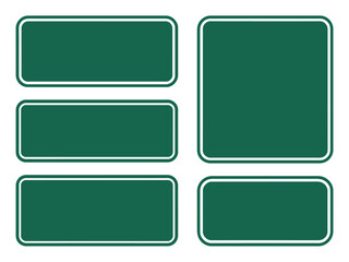Five blank green road signs are arranged on a white background.