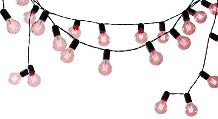 photorealistic studio shot of a vintage edison bulb garland emitting an intense magenta-pink glow, draped in swags against a transparent background, ideal for advertising concept