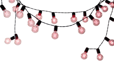 photorealistic studio shot of a vintage edison bulb garland emitting an intense magenta-pink glow, draped in swags against a transparent background, ideal for advertising concept
