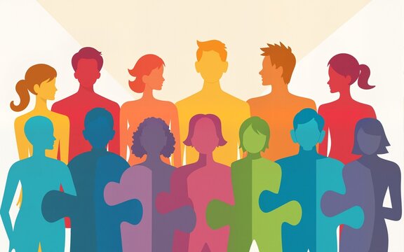 Colorful puzzle pieces form diverse group of people. Concept of teamwork, business structure. Visualizes company departments, teams. Illustrates hiring new employees. Emphasizes cooperation, - Powered by Adobe