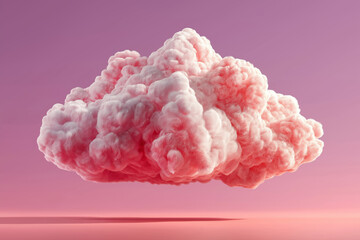 A fluffy pink cloud floats above a smooth horizon, its soft, fur-like texture glowing under pastel light, creating a dreamy, surreal and whimsical atmosphere.
