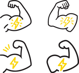 Strong Flexed Arm Bicep Icons with Lightning Bolt Vector Symbol Set for Power, Gym Fitness and Bodybuilding Energy