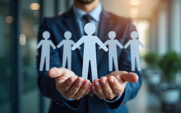 Professional manager blending with team collaboration icons, symbolizing collective success and teamwork in a corporate setting. Perfect for corporate and business advertisements. High quality