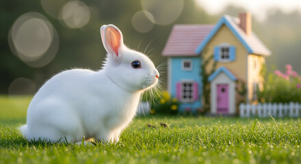 White Rabbit by Colorful Miniature House in Garden