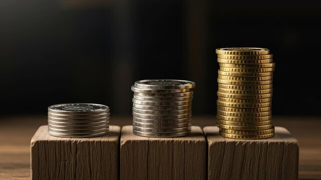 Capital gains tax business goals finance investment profit economy accounting wealth growth strategy money market income single vdo showing stacked coins wooden blocks hand adding coins coin stack