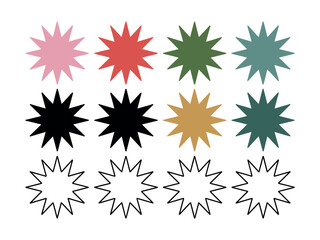 A collection of colorful and graphic starburst shapes are arranged in rows against a white background.