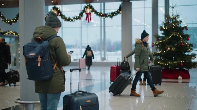 Travelers pulling suitcases through decorated airport terminal during winter holidays, people checking phones and waiting near Christmas tree for seasonal flight departures and family trips